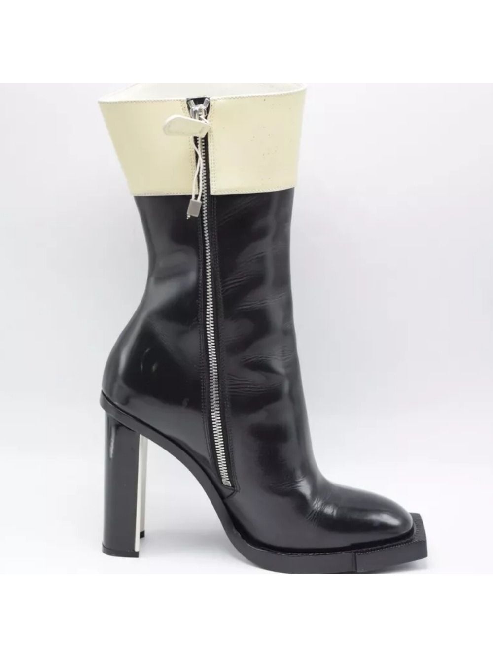 HP. Alexander McQueen Black/Ivory Patent Leather Hybrid Mid Calf Boots